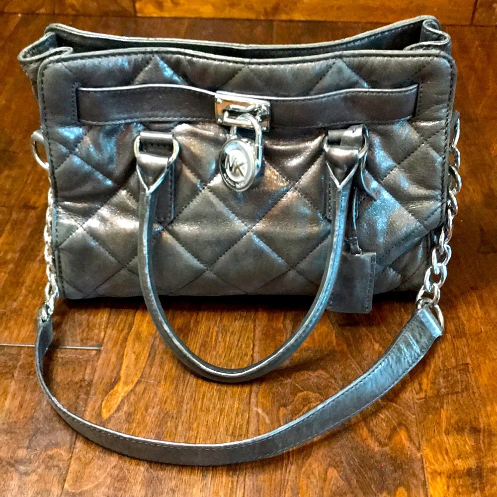 MICHAEL Michael Kors leather metallic pewter Hamilton Quilted Tote
